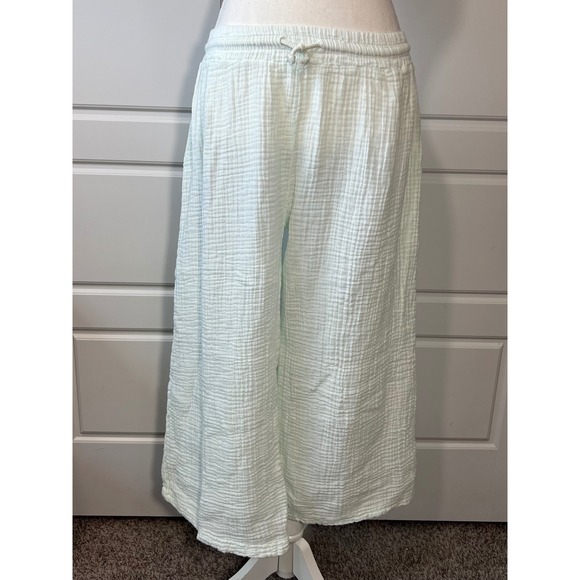 S'edge Mint Green Gauze Wide Leg Cropped Pants Drawstring Waist Lightweight LG - Picture 1 of 10